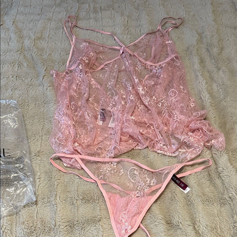 Adore Me Pink Lace Chemise and Thong Set